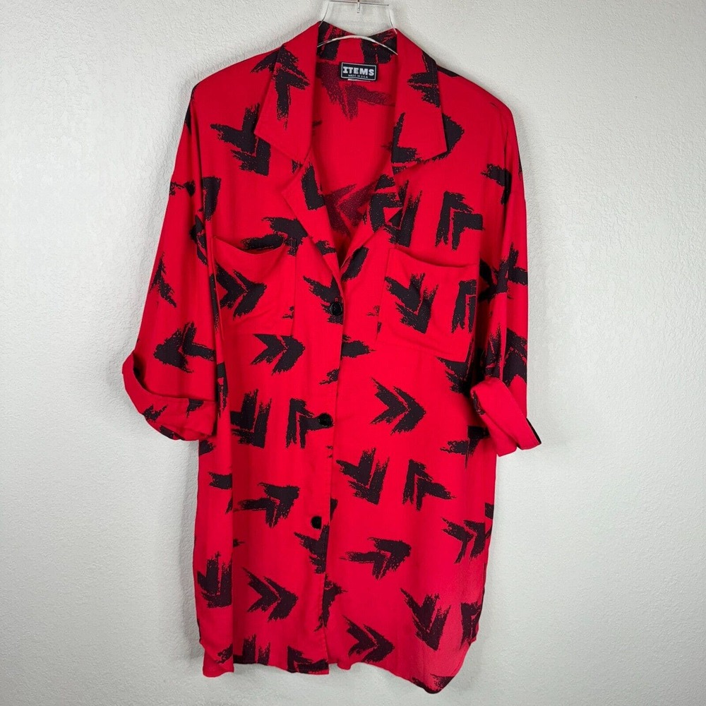 Items Women's Allover Print Button Up Shirt Dress Long Sleeve Red/Black‎ Size 18